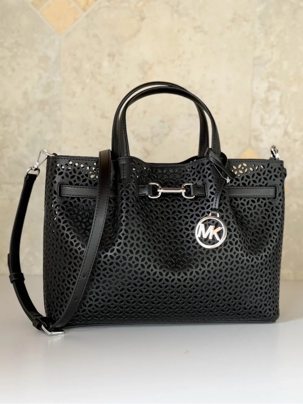 Michael Kors Carson MD Satchel Shoulder Bag MK Laser Cut Black